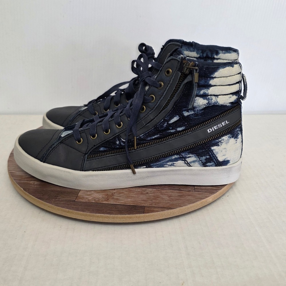Diesel D-String Plus Shoes Men 12.5 Blue Denim High Top Lace Up Side Zip Sneaker